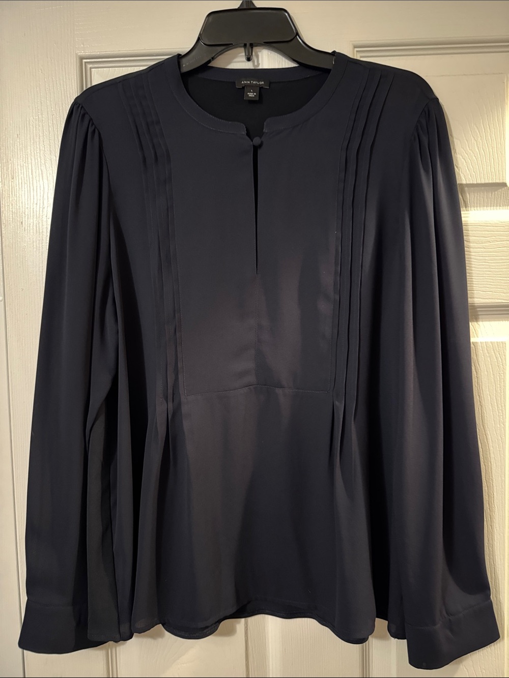 Ann Taylor Dark Navy Pintuck Long-Sleeve Blouse